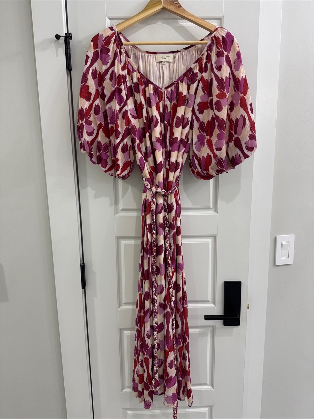 Elizabeth James Flowy Pink & Red Printed Maxi Dress with Puff Sleeves Medium